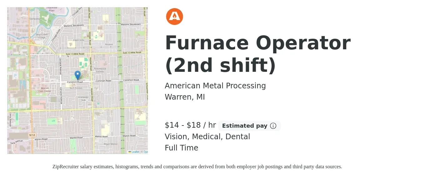 American Metal Processing job posting for a Furnace Operator (2nd shift) in Warren, MI with a salary of $15 to $19 Hourly and benefits including medical, retirement, vision, dental, and life_insurance with a map of Warren location.
