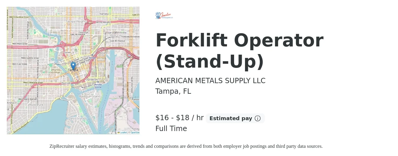 AMERICAN METALS SUPPLY LLC job posting for a Forklift Operator (Stand-Up) in Tampa, FL with a salary of $17 to $19 Hourly with a map of Tampa location.