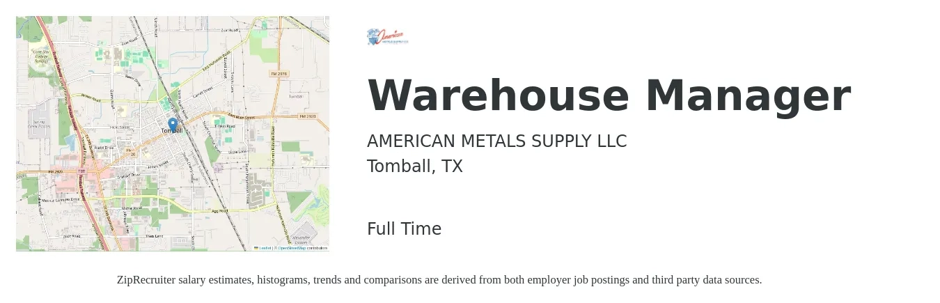 AMERICAN METALS SUPPLY LLC job posting for a Warehouse Manager in Tomball, TX with a salary of $44,000 to $62,500 Yearly with a map of Tomball location.