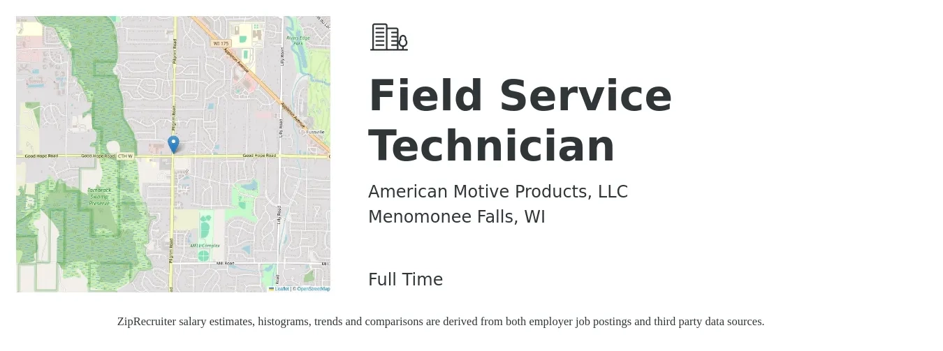 American Motive Products, LLC job posting for a Field Service Technician in Menomonee Falls, WI with a salary of $20 to $30 Hourly with a map of Menomonee Falls location.