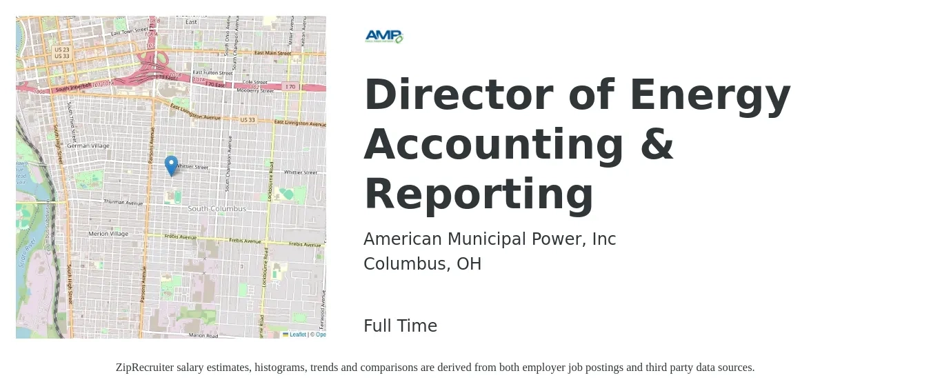 American Municipal Power, Inc job posting for a Director of Energy Accounting & Reporting in Columbus, OH with a salary of $100,000 to $152,300 Yearly with a map of Columbus location.
