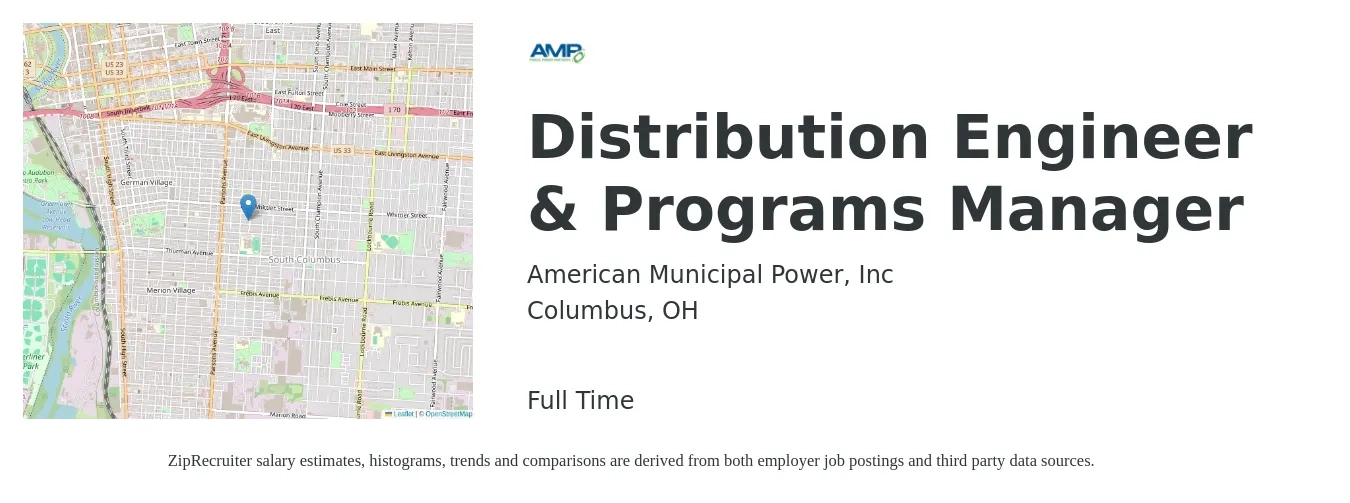 American Municipal Power, Inc job posting for a Distribution Engineer & Programs Manager in Columbus, OH with a salary of $34 to $52 Hourly with a map of Columbus location.