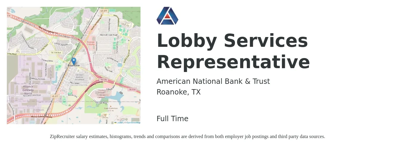 American National Bank & Trust job posting for a Lobby Services Representative in Roanoke, TX with a salary of $12 to $19 Hourly with a map of Roanoke location.