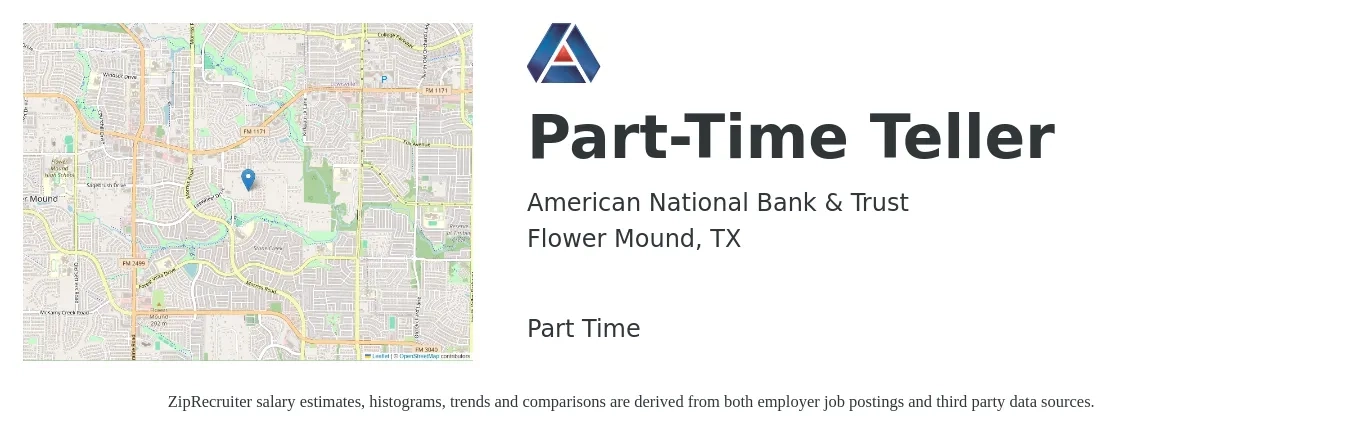 American National Bank & Trust job posting for a Part-Time Teller in Flower Mound, TX with a salary of $15 to $18 Hourly with a map of Flower Mound location.