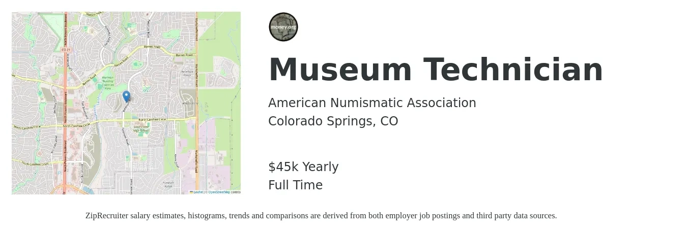 American Numismatic Association job posting for a Museum Technician in Colorado Springs, CO with a salary of $40,000 to $45,000 Yearly and benefits including dental, life_insurance, medical, pto, retirement, and vision with a map of Colorado Springs location.