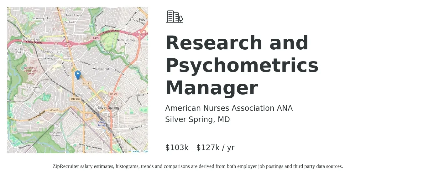 American Nurses Association ANA job posting for a Research and Psychometrics Manager in Silver Spring, MD with a salary of $103,000 to $127,000 Yearly with a map of Silver Spring location.