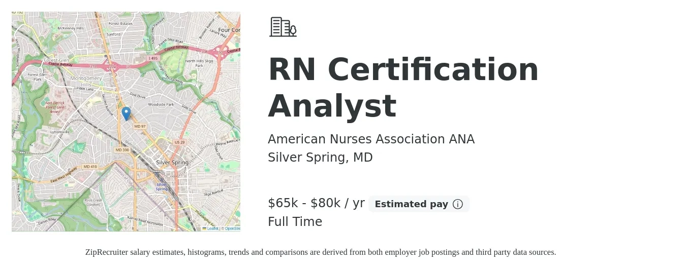 American Nurses Association ANA job posting for a RN Certification Analyst in Silver Spring, MD with a salary of $65,000 to $80,000 Yearly with a map of Silver Spring location.