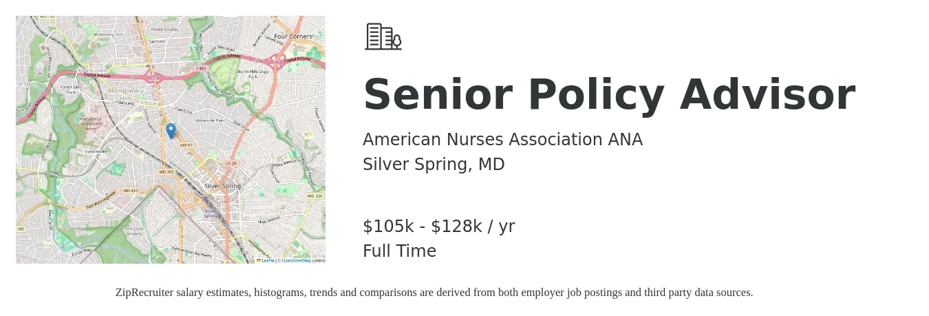 American Nurses Association ANA job posting for a Senior Policy Advisor in Silver Spring, MD with a salary of $105,000 to $128,000 Yearly with a map of Silver Spring location.