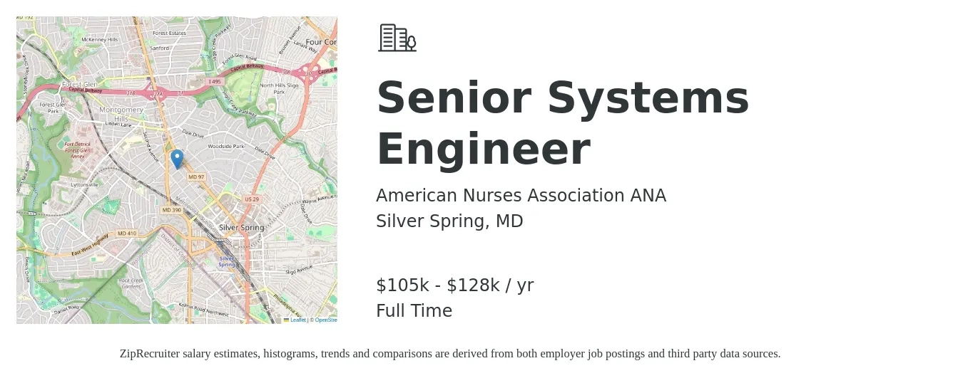 American Nurses Association ANA job posting for a Senior Systems Engineer in Silver Spring, MD with a salary of $105,000 to $128,000 Yearly with a map of Silver Spring location.