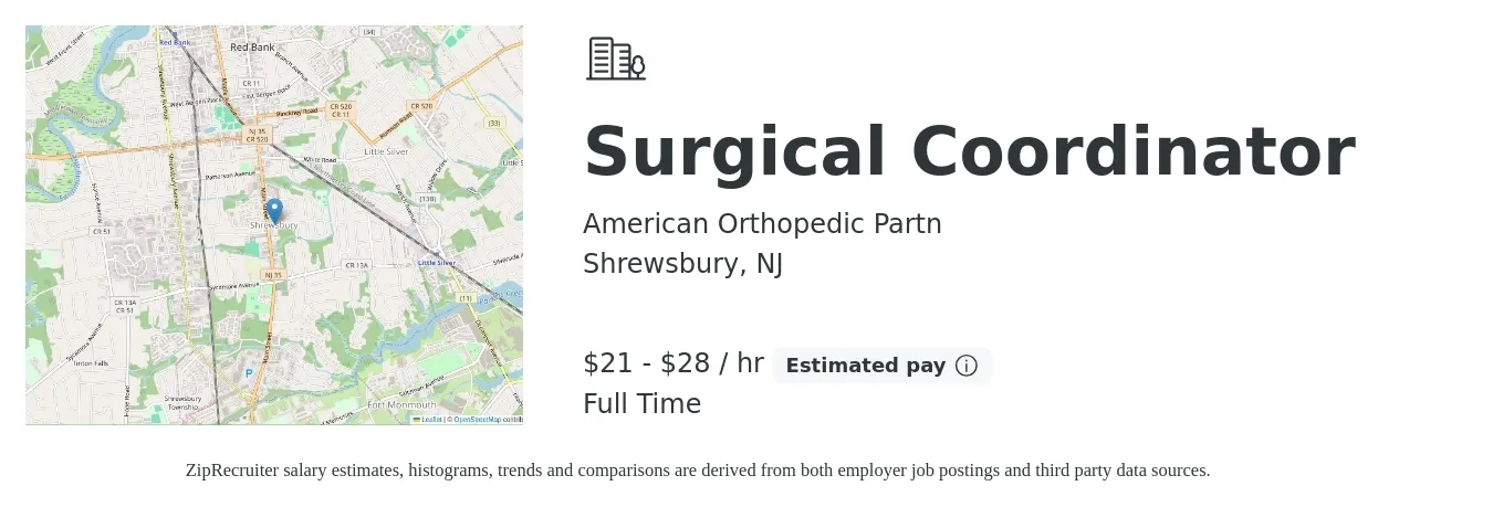 American Orthopedic Partn job posting for a Surgical Coordinator in Shrewsbury, NJ with a salary of $22 to $30 Hourly with a map of Shrewsbury location.