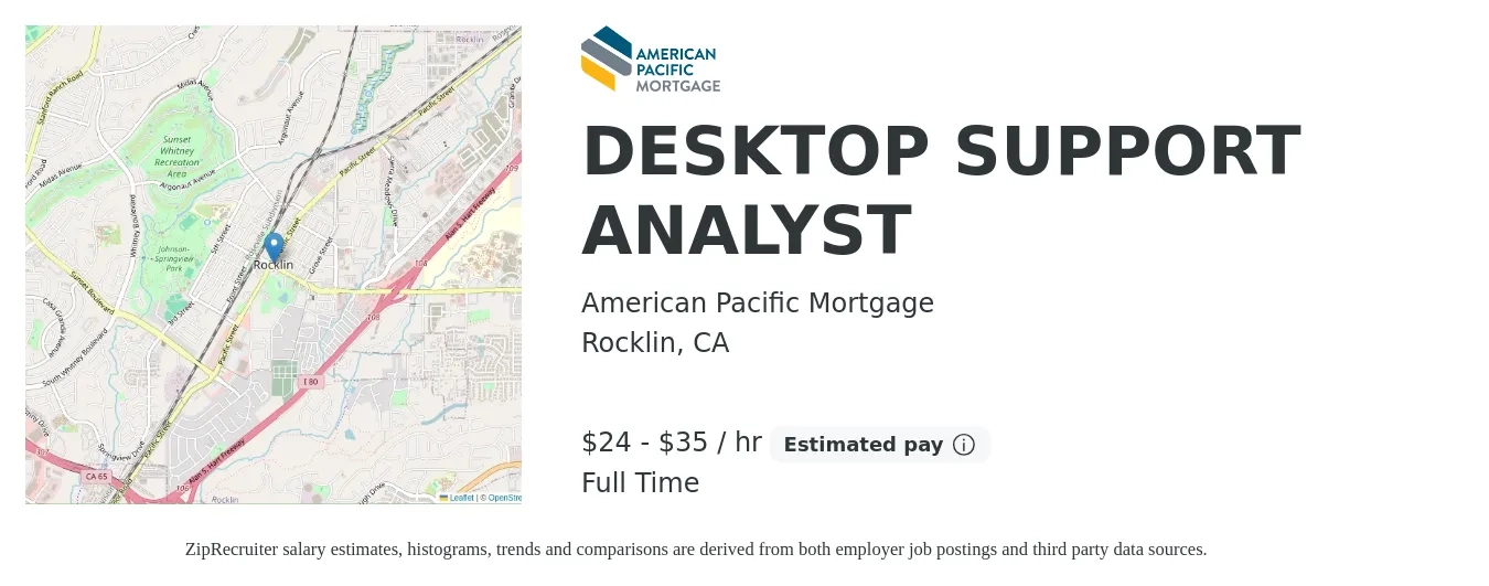 American Pacific Mortgage job posting for a DESKTOP SUPPORT ANALYST in Rocklin, CA with a salary of $25 to $37 Hourly with a map of Rocklin location.