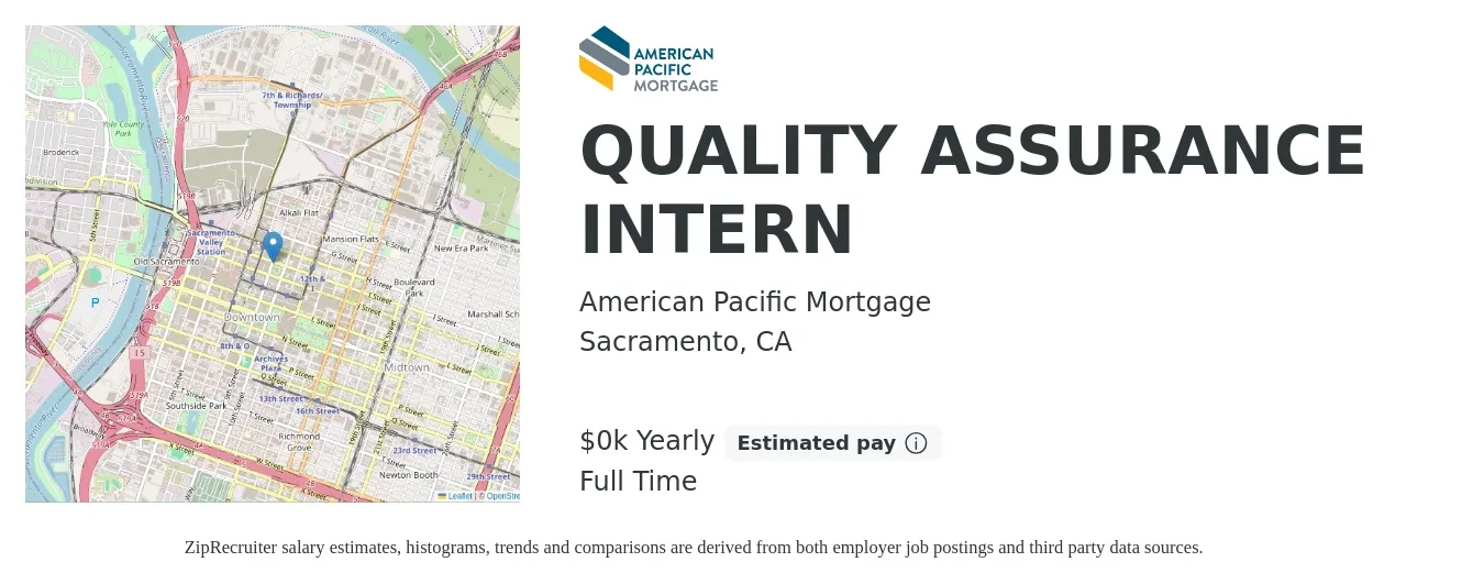 American Pacific Mortgage job posting for a QUALITY ASSURANCE INTERN in Sacramento, CA with a salary of $17 Yearly with a map of Sacramento location.