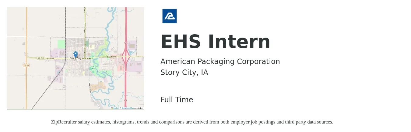 American Packaging Corporation job posting for a EHS Intern in Story City, IA with a salary of $16 to $21 Hourly with a map of Story City location.