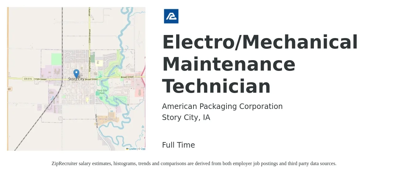 American Packaging Corporation job posting for a Electro/Mechanical Maintenance Technician in Story City, IA with a salary of $24 to $30 Hourly with a map of Story City location.