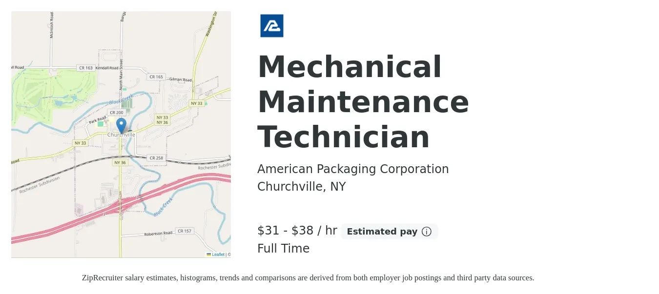 American Packaging Corporation job posting for a Mechanical Maintenance Technician in Churchville, NY with a salary of $33 to $40 Hourly with a map of Churchville location.
