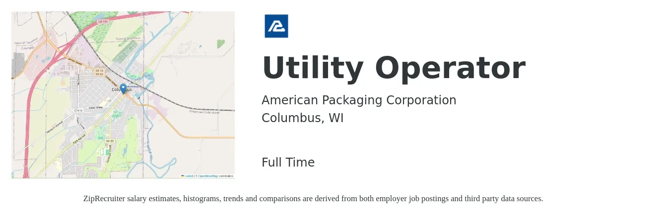 American Packaging Corporation job posting for a Utility Operator in Columbus, WI with a salary of $24 to $36 Hourly with a map of Columbus location.