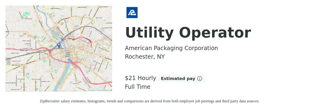 American Packaging Corporation job posting for a Utility Operator in Rochester, NY with a salary of $23 to $24 Hourly with a map of Rochester location.