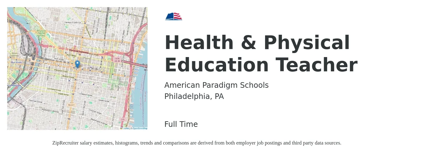 American Paradigm Schools job posting for a Health & Physical Education Teacher in Philadelphia, PA with a salary of $43,300 to $58,600 Yearly with a map of Philadelphia location.