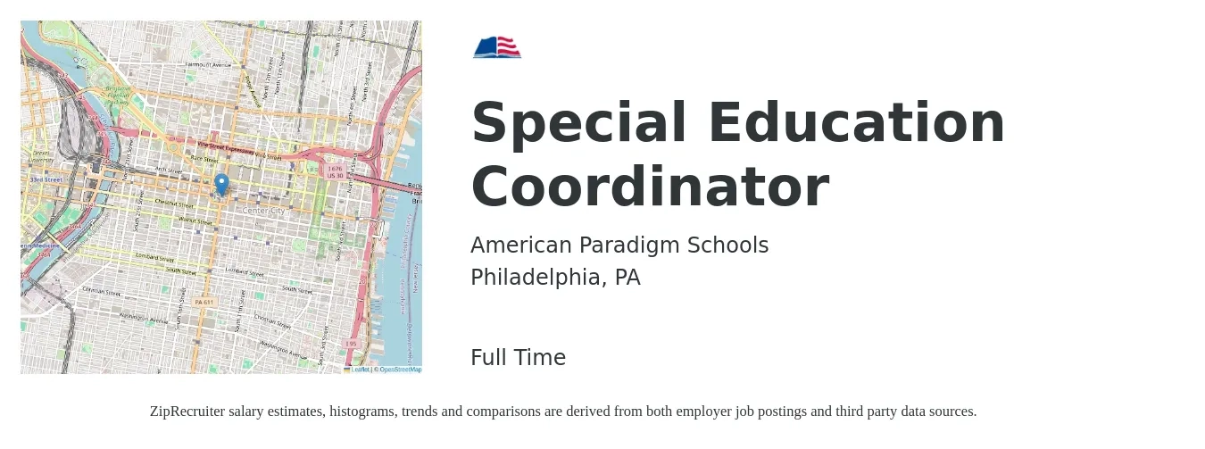 American Paradigm Schools job posting for a Special Education Coordinator in Philadelphia, PA with a salary of $48,000 to $80,700 Yearly with a map of Philadelphia location.