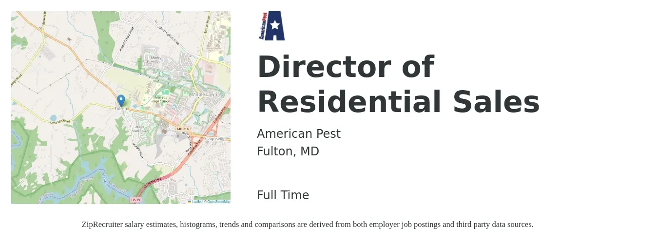 American Pest job posting for a Director of Residential Sales in Fulton, MD with a salary of $100,000 to $130,000 Yearly with a map of Fulton location.