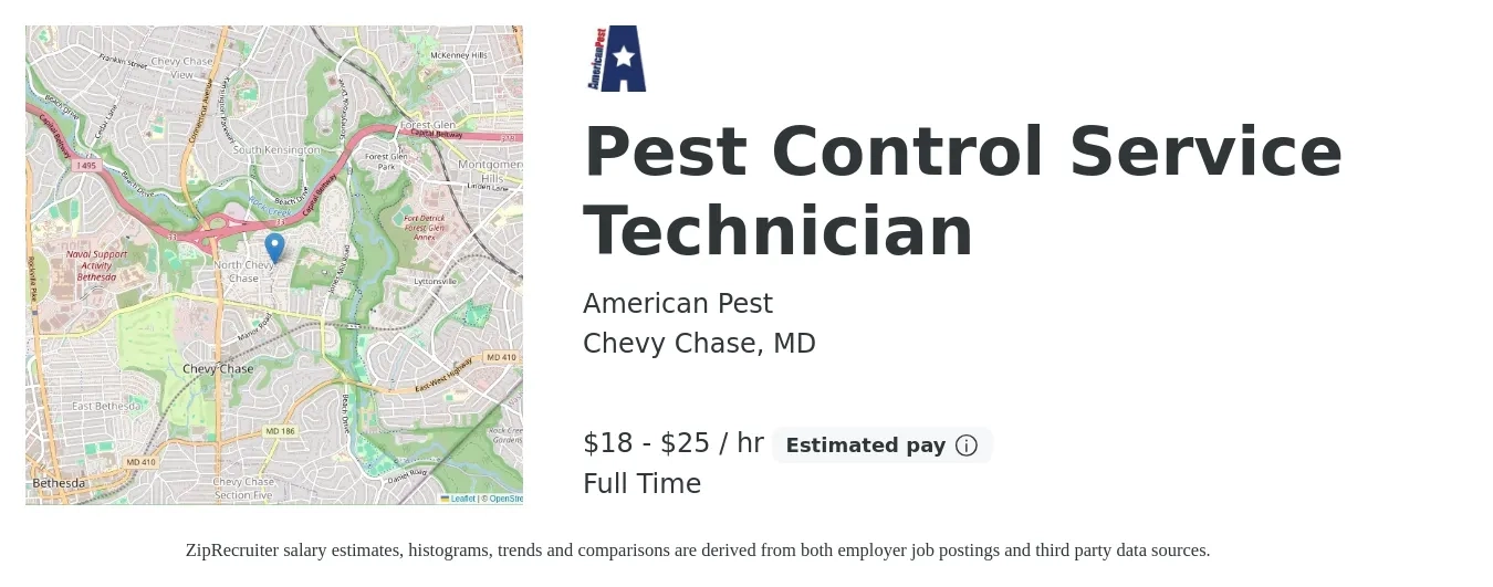 American Pest job posting for a Pest Control Service Technician in Chevy Chase, MD with a salary of $19 to $27 Hourly with a map of Chevy Chase location.