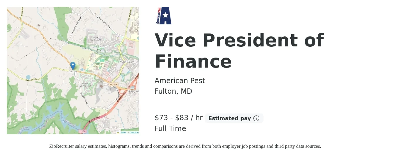 American Pest job posting for a Vice President of Finance in Fulton, MD with a salary of $160,000 to $180,000 Yearly with a map of Fulton location.