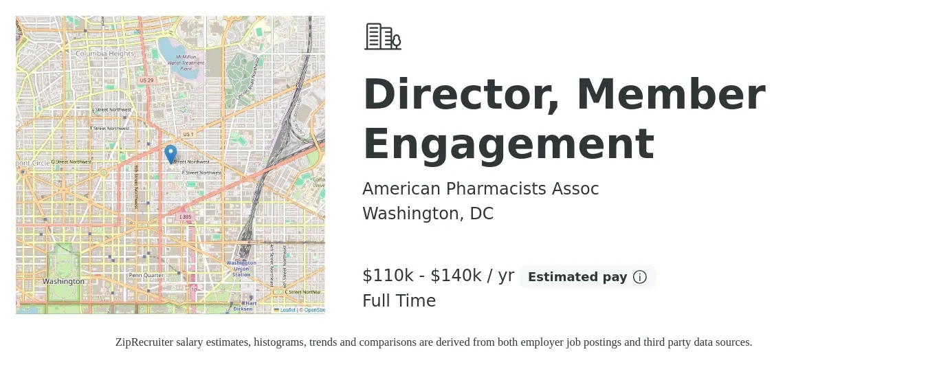 American Pharmacists Assoc job posting for a Director, Member Engagement in Washington, DC with a salary of $110,000 to $140,000 Yearly with a map of Washington location.
