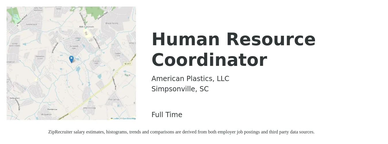 American Plastics, LLC job posting for a Human Resource Coordinator in Simpsonville, SC with a salary of $18 to $24 Hourly with a map of Simpsonville location.