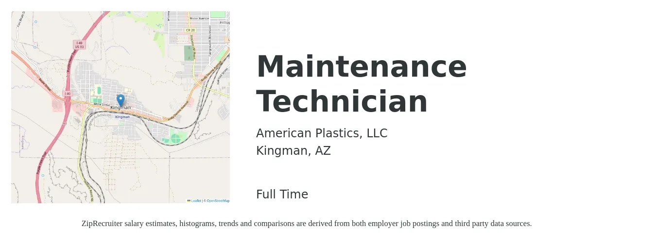 American Plastics, LLC job posting for a Maintenance Technician in Kingman, AZ with a salary of $17 to $24 Hourly with a map of Kingman location.