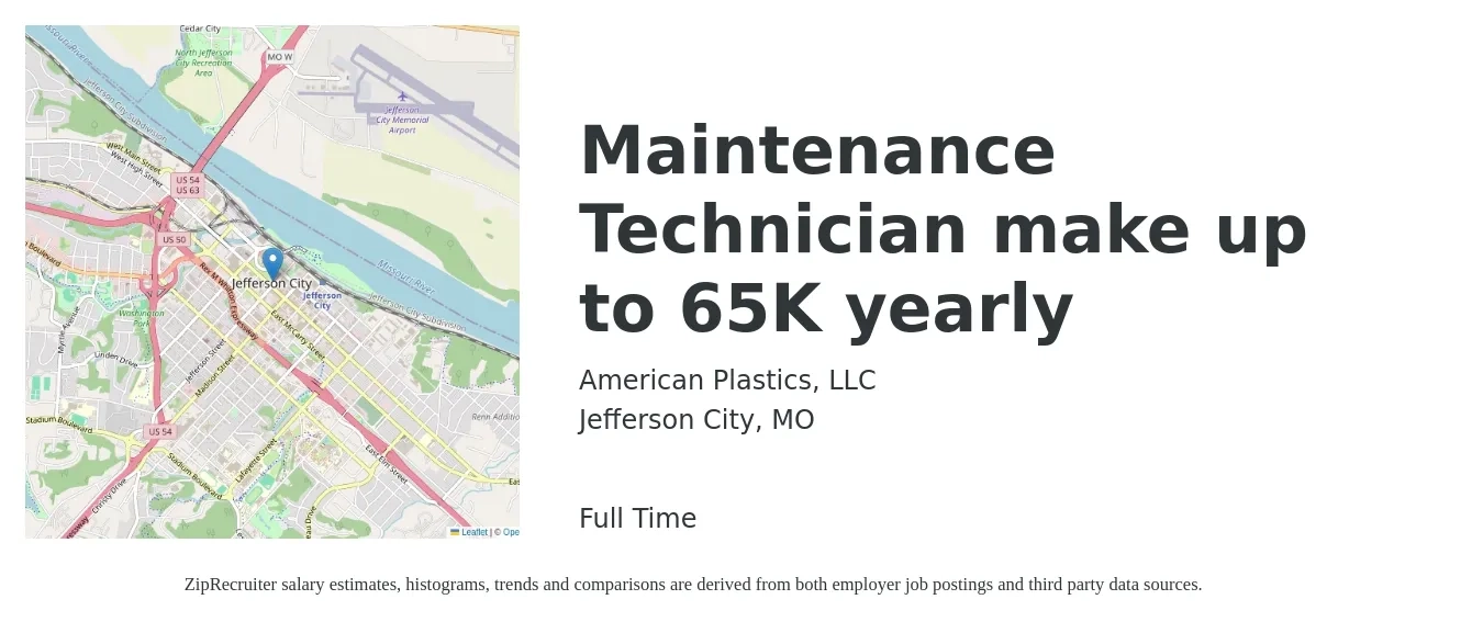 American Plastics LLC job posting for a Maintenance Technician make up to 65K yearly in Jefferson City, MO with a salary of $18 to $25 Hourly with a map of Jefferson City location.