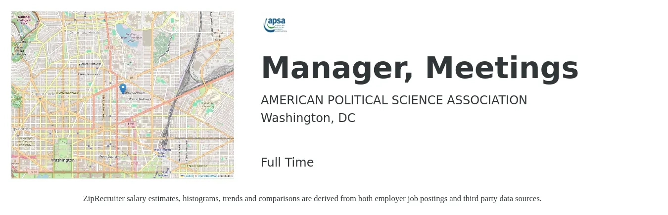 AMERICAN POLITICAL SCIENCE ASSOCIATION job posting for a Manager, Meetings in Washington, DC with a salary of $67,800 to $102,200 Yearly with a map of Washington location.
