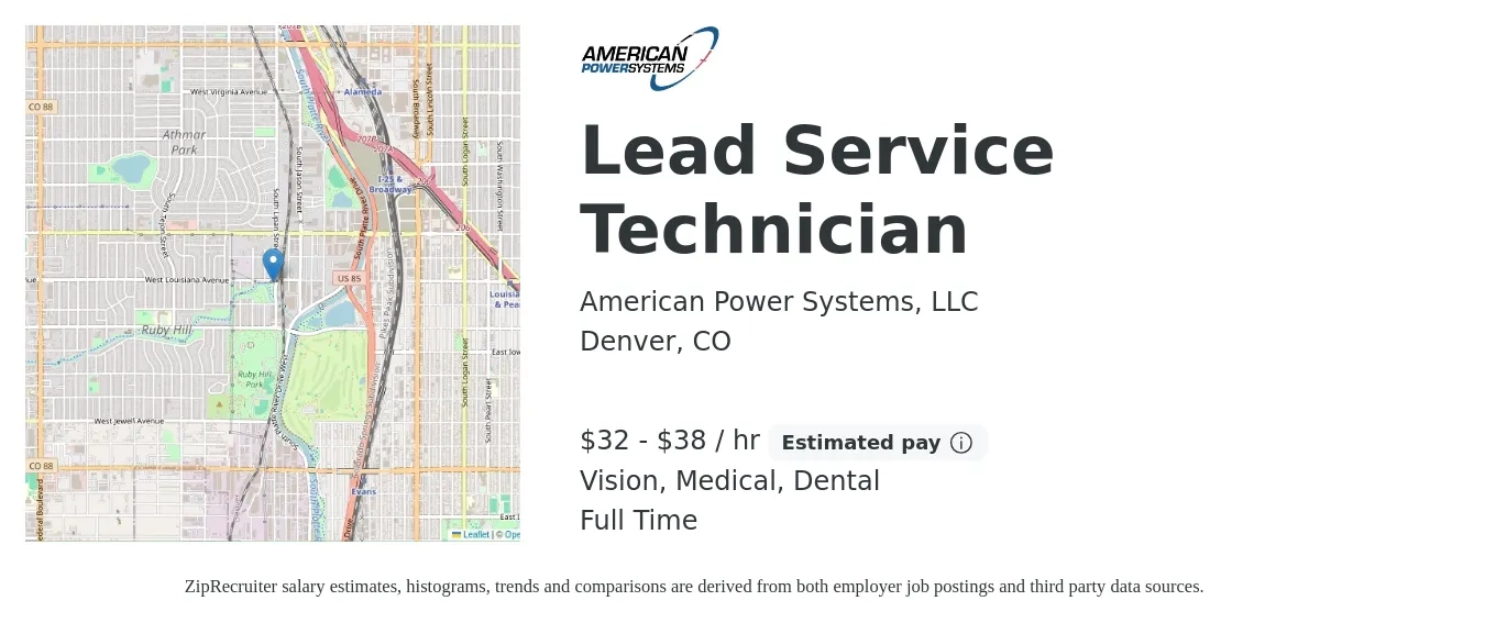 American Power Systems, LLC job posting for a Lead Service Technician in Denver, CO with a salary of $34 to $40 Hourly and benefits including dental, life_insurance, medical, retirement, and vision with a map of Denver location.