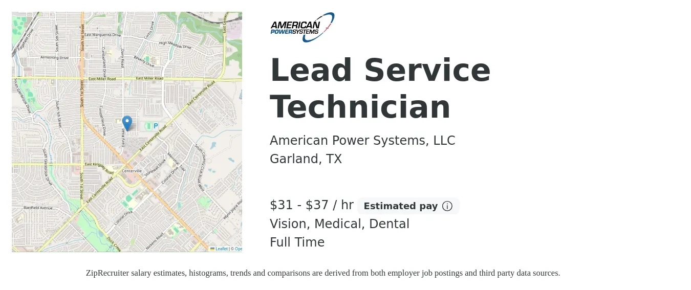 American Power Systems, LLC job posting for a Lead Service Technician in Garland, TX with a salary of $33 to $39 Hourly and benefits including retirement, vision, dental, life_insurance, and medical with a map of Garland location.