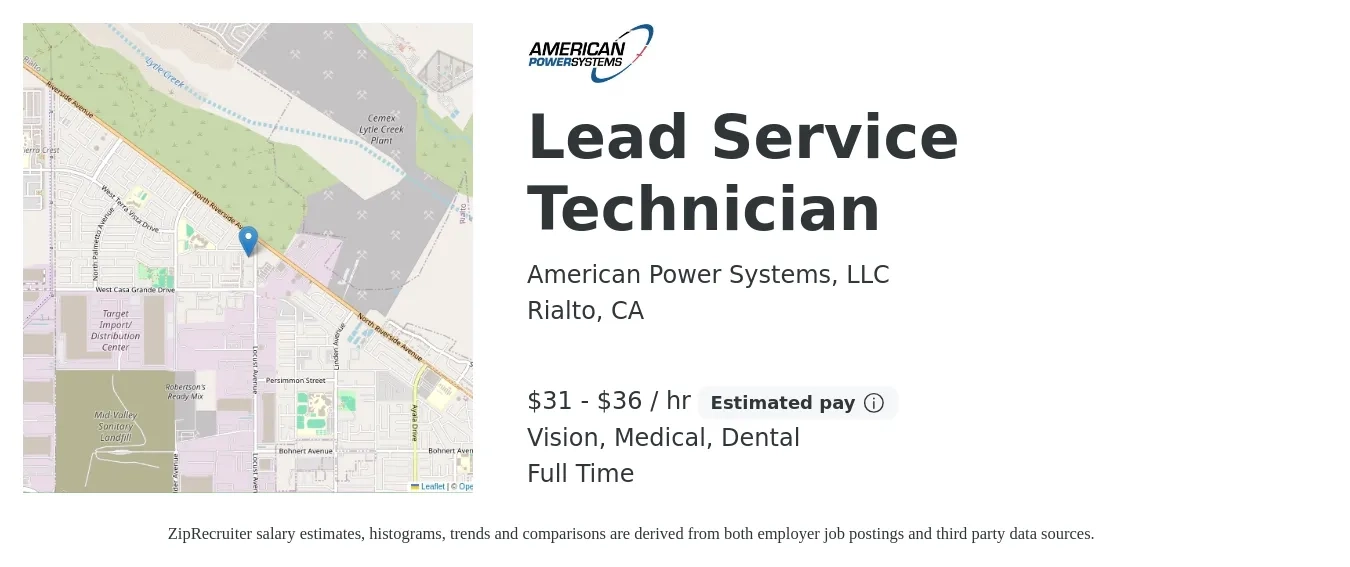 American Power Systems, LLC job posting for a Lead Service Technician in Rialto, CA with a salary of $33 to $38 Hourly and benefits including dental, life_insurance, medical, retirement, and vision with a map of Rialto location.