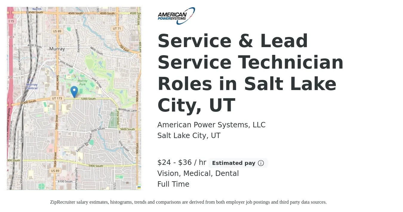 American Power Systems, LLC job posting for a Service & Lead Service Technician Roles in Salt Lake City, UT in Salt Lake City, UT with a salary of $25 to $38 Hourly and benefits including life_insurance, medical, retirement, vision, and dental with a map of Salt Lake City location.