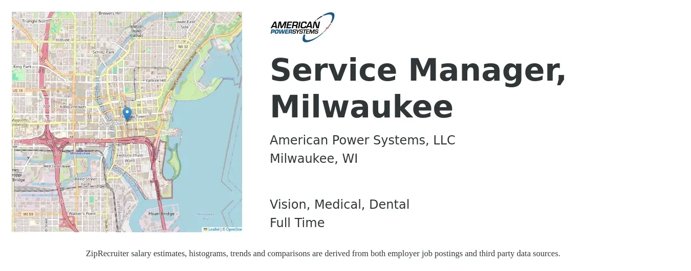 American Power Systems, LLC job posting for a Service Manager, Milwaukee in Milwaukee, WI with a salary of $51,200 to $79,300 Yearly and benefits including dental, life_insurance, medical, retirement, and vision with a map of Milwaukee location.