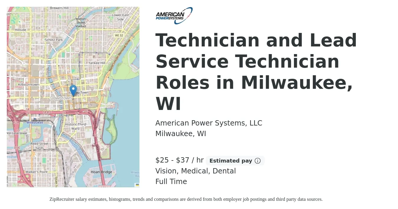 American Power Systems, LLC job posting for a Technician and Lead Service Technician Roles in Milwaukee, WI in Milwaukee, WI with a salary of $26 to $39 Hourly and benefits including retirement, vision, dental, life_insurance, and medical with a map of Milwaukee location.