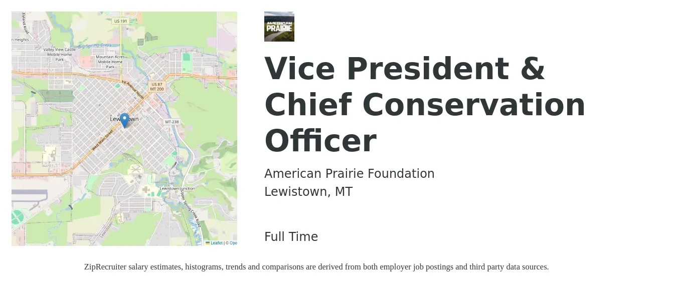 American Prairie Foundation job posting for a Vice President & Chief Conservation Officer in Lewistown, MT with a salary of $105,600 to $174,400 Yearly with a map of Lewistown location.