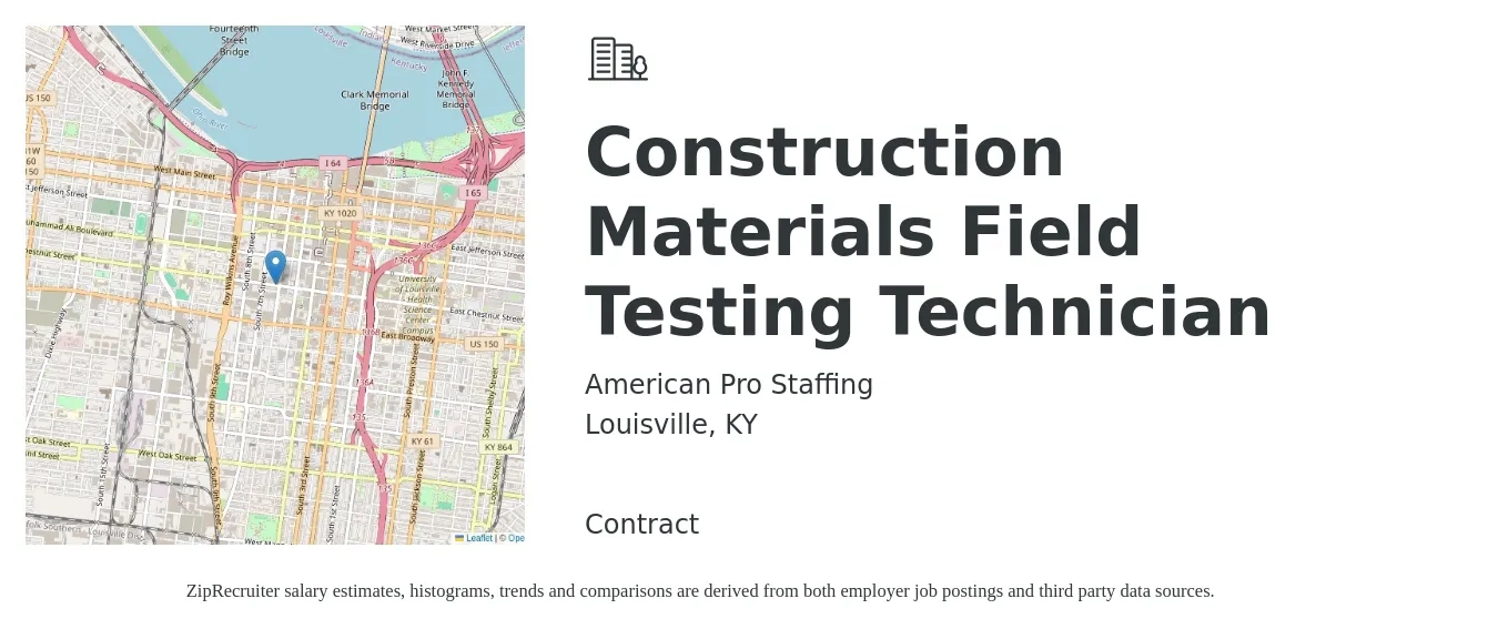 American Pro Staffing job posting for a Construction Materials Field Testing Technician in Louisville, KY with a salary of $20 to $30 Hourly with a map of Louisville location.
