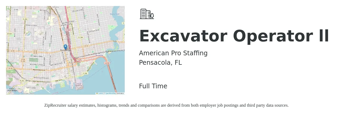 American Pro Staffing job posting for a Excavator Operator ll in Pensacola, FL with a salary of $29 to $31 Hourly with a map of Pensacola location.