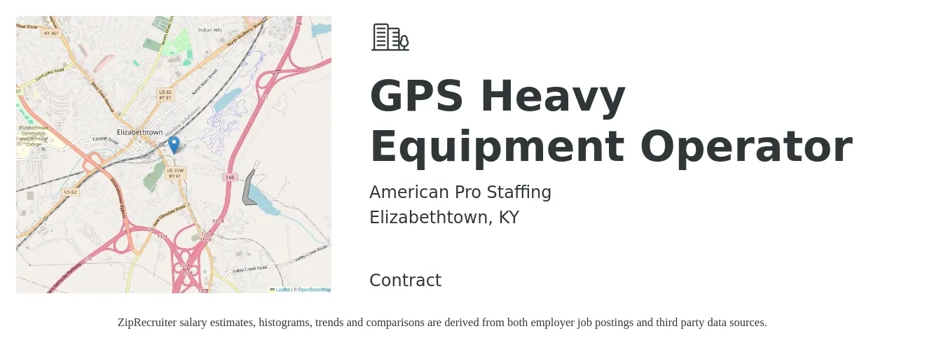American Pro Staffing job posting for a GPS Heavy Equipment Operator in Elizabethtown, KY with a salary of $18 to $26 Hourly with a map of Elizabethtown location.