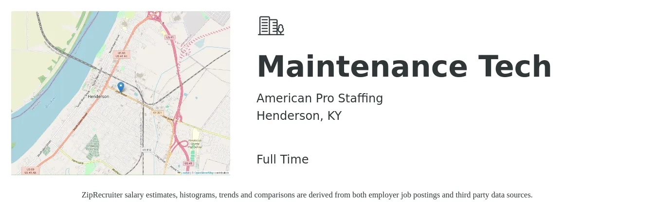American Pro Staffing job posting for a Maintenance Tech in Henderson, KY with a salary of $15 to $17 Hourly with a map of Henderson location.