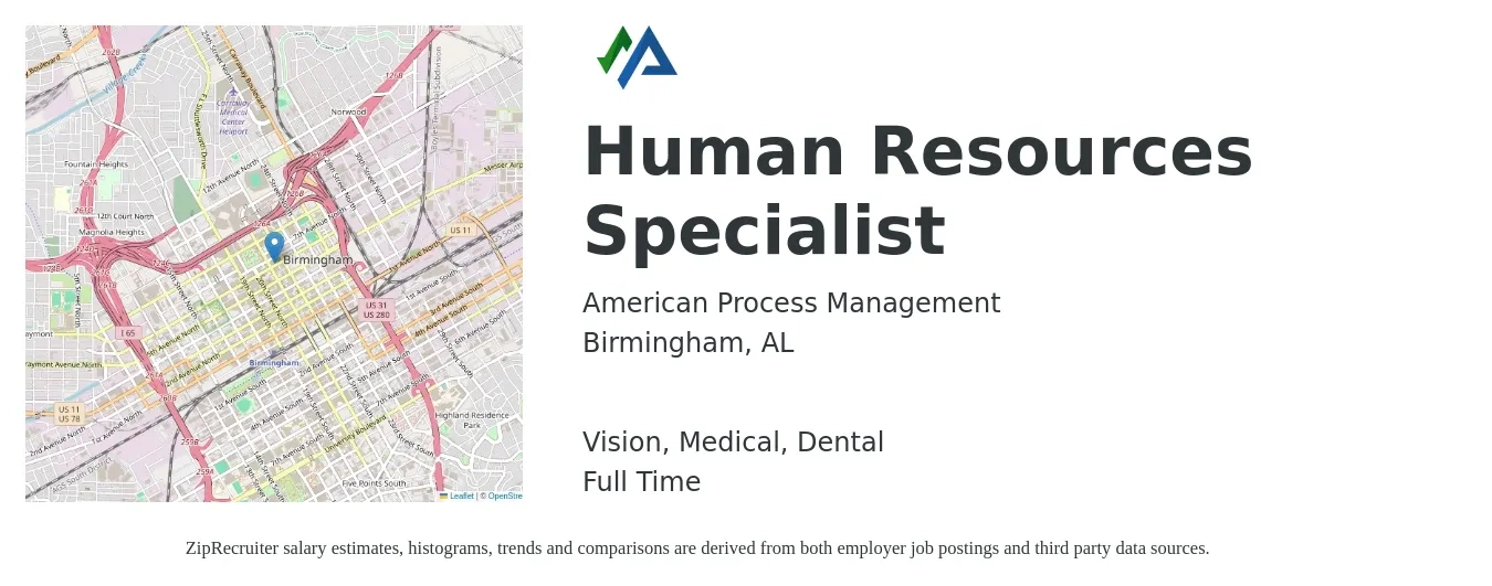 American Process Management job posting for a Human Resources Specialist in Birmingham, AL with a salary of $44,000 to $92,300 Yearly and benefits including dental, medical, pto, retirement, and vision with a map of Birmingham location.