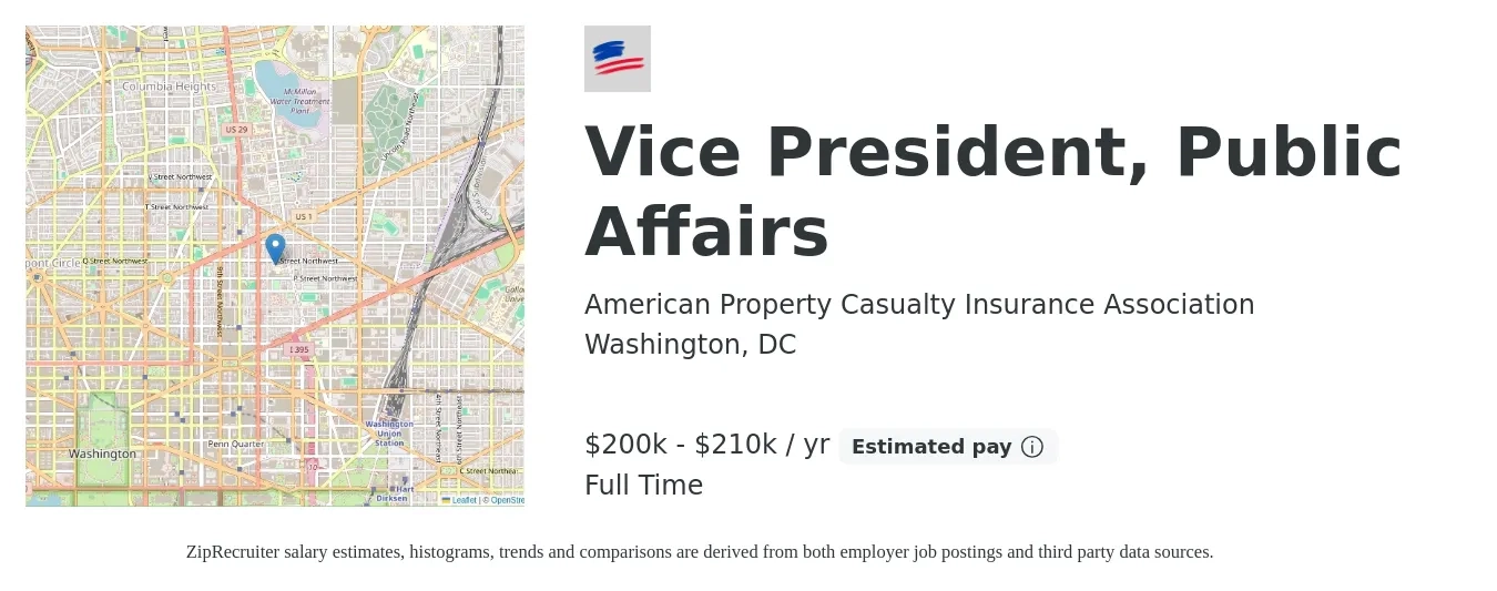 American Property Casualty Insurance Association job posting for a Vice President, Public Affairs in Washington, DC with a salary of $200,000 to $210,000 Yearly with a map of Washington location.