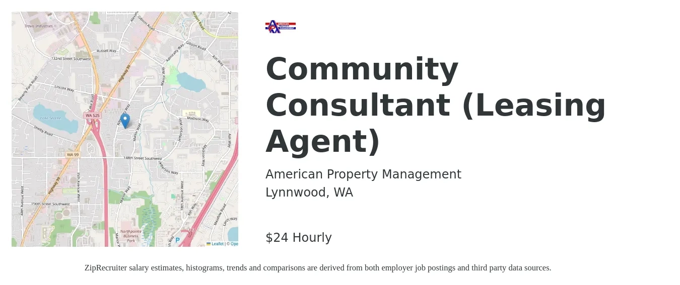 American Property Management job posting for a Community Consultant (Leasing Agent) in Lynnwood, WA with a salary of $25 Hourly with a map of Lynnwood location.