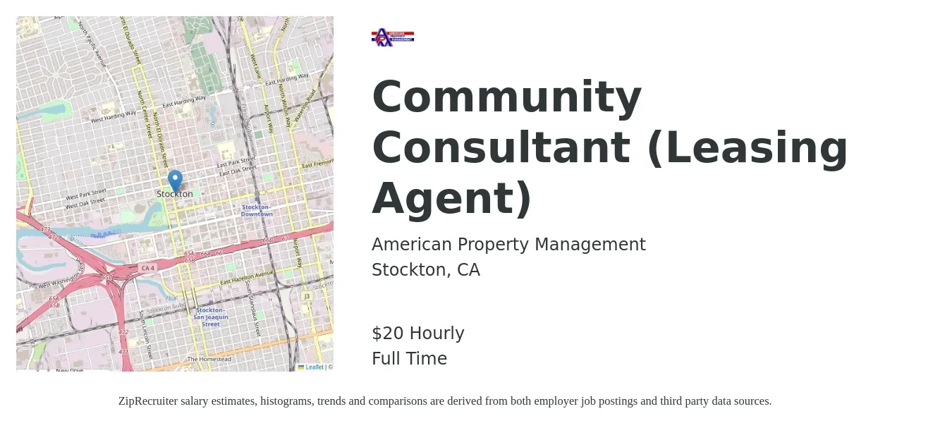 American Property Management job posting for a Community Consultant (Leasing Agent) in Stockton, CA with a salary of $21 Hourly with a map of Stockton location.