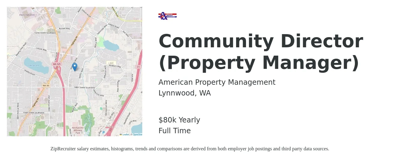 American Property Management job posting for a Community Director (Property Manager) in Lynnwood, WA with a salary of $80,000 Yearly with a map of Lynnwood location.