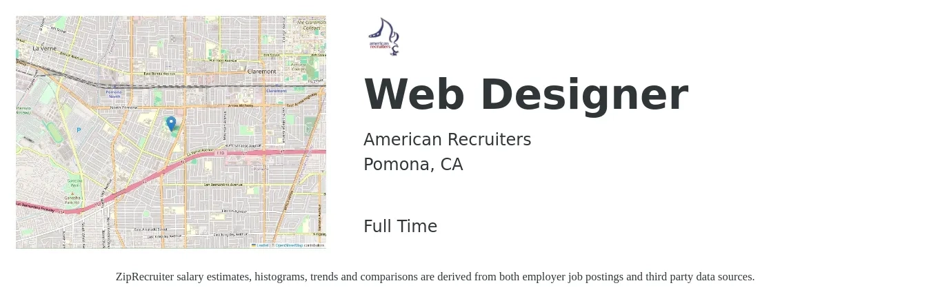 American Recruiters job posting for a Web Designer in Pomona, CA with a salary of $27 to $40 Hourly with a map of Pomona location.
