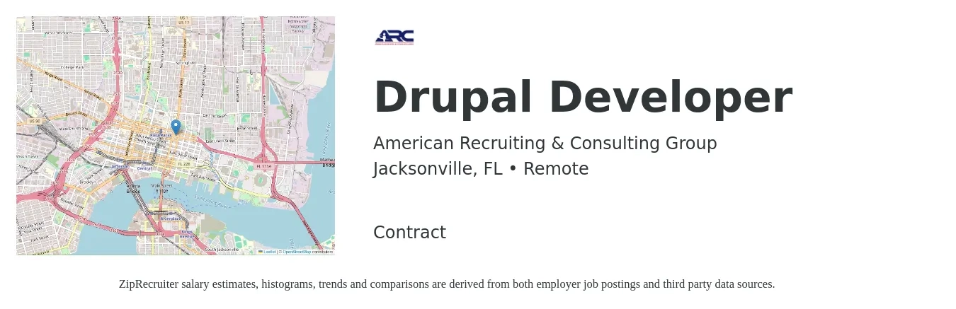 American Recruiting & Consulting Group job posting for a Drupal Developer in Jacksonville, FL with a salary of $85,000 to $118,700 Yearly with a map of Jacksonville location.
