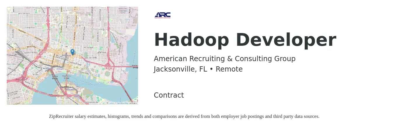 American Recruiting & Consulting Group job posting for a Hadoop Developer in Jacksonville, FL with a salary of $55 to $63 Hourly with a map of Jacksonville location.